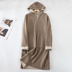 精品2024秋冬新款35%羊绒双面织连帽羊绒大衣外套，女装羊绒大衣，以美红杉羊绒