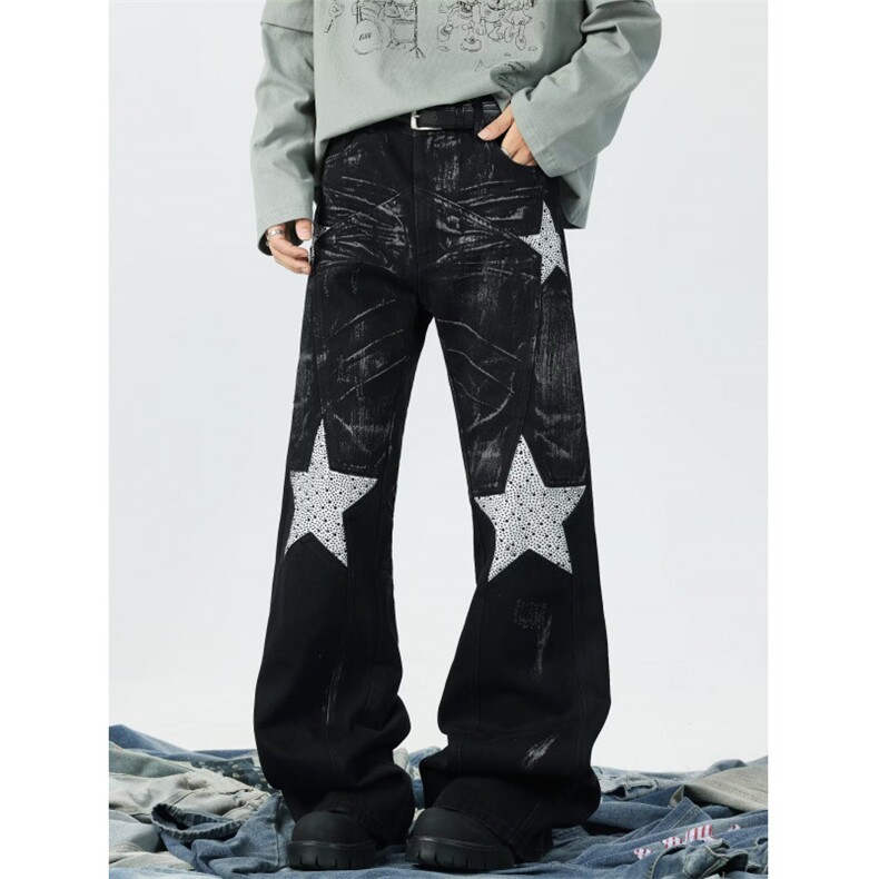 美式vibe裤子高街刺绣星星牛仔裤男款设计感直筒微喇裤RK3285-P67，男装牛仔裤，星座412-3