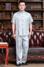 新款夏季父亲衣服衬衫短袖中老年男装丝绸套装唐装，男装衬衫，钱塘6003（原4033）
