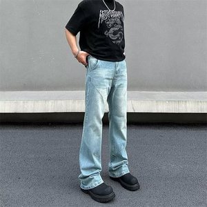 美式高街cleanfit猫须竹节纹牛仔裤男秋冬百搭潮直筒微喇vibe裤子图片