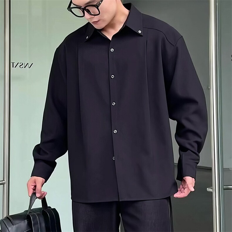 春秋季日系项链设计感长袖衬衣痞帅潮流男士休闲黑色衬衫俩件套男,男装衬衫,星座506A