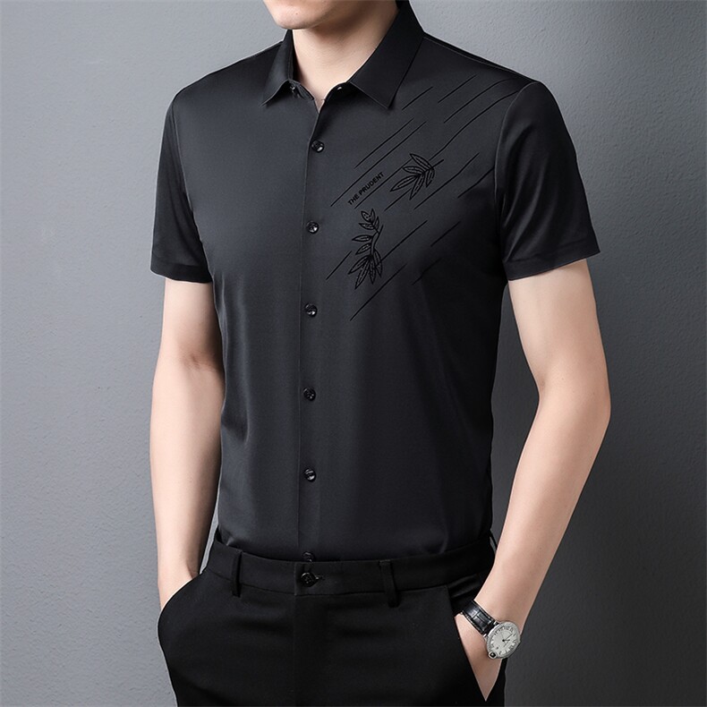 无痕冰丝短袖衬衫男士夏季商务休闲弹力抗皱薄款时尚体恤男半袖图片