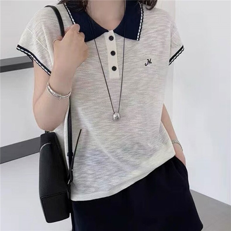 2025年夏季套头翻领短袖简约纯色针织上衣，女装针织衫/毛衣，恒旺羊绒