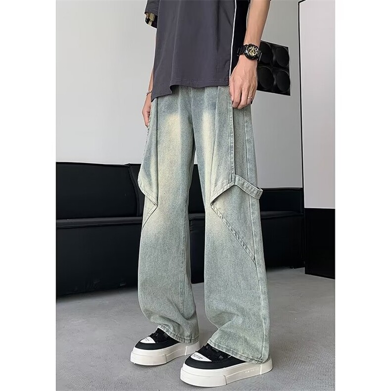 黄泥色拼接牛仔裤男设计感直筒水洗做旧小众高街裤子潮G02/P54,男装牛仔裤,星座506