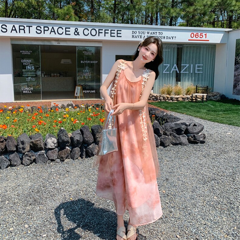 法式浪漫超仙度假风吊带连衣裙女2026夏季粉色223-1355P140K198,女装连衣裙,莘蕾