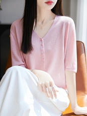 V领莱赛尔天丝针织五分袖上衣女夏季纽扣短袖T恤宽松打底纯色半袖，女装针织衫/毛衣，暖烁特种纱工厂店