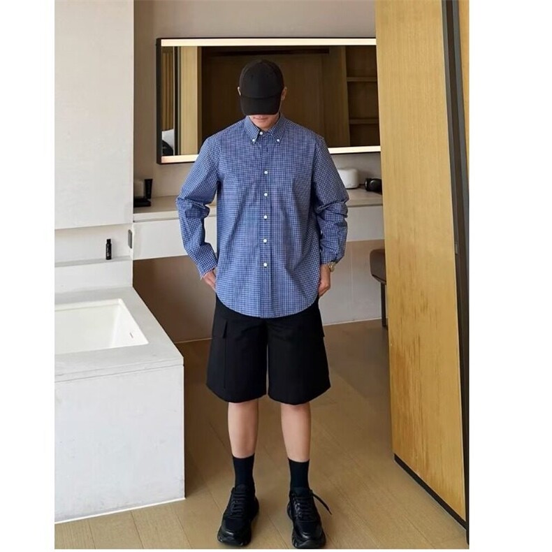 气质标准潮春季常规青少年轻熟风男装蓝色格子衬衫男士长袖慵懒,男装衬衫,星座506A