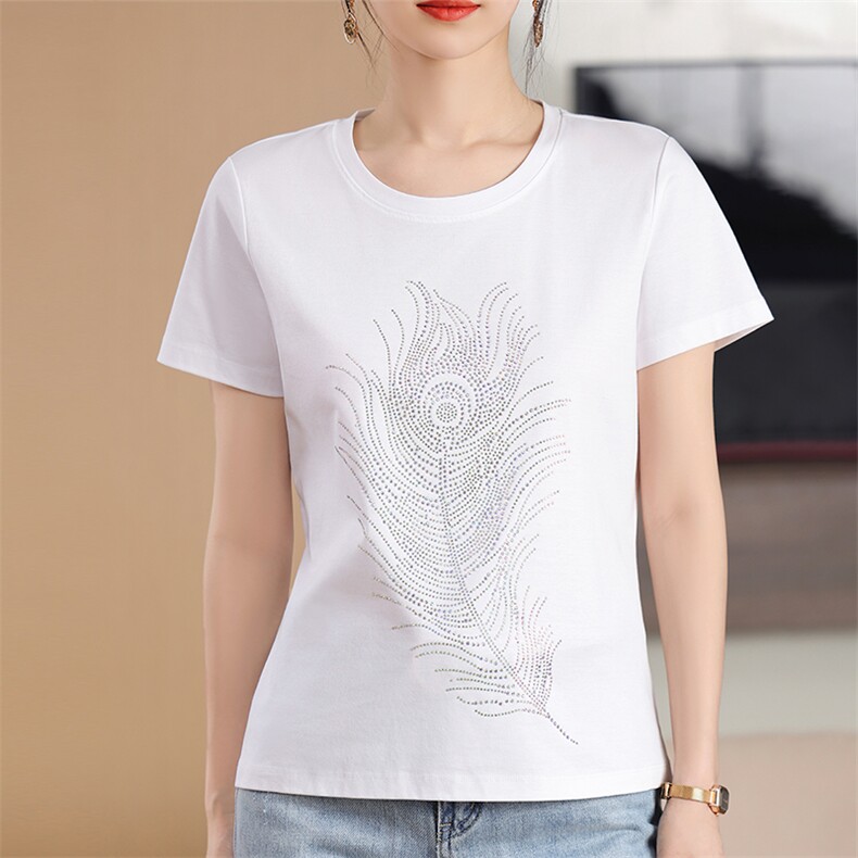 2025年新款烫钻短袖t恤女夏季新款韩版宽松显瘦百搭圆领纯棉上衣，女装T恤，元素羊绒