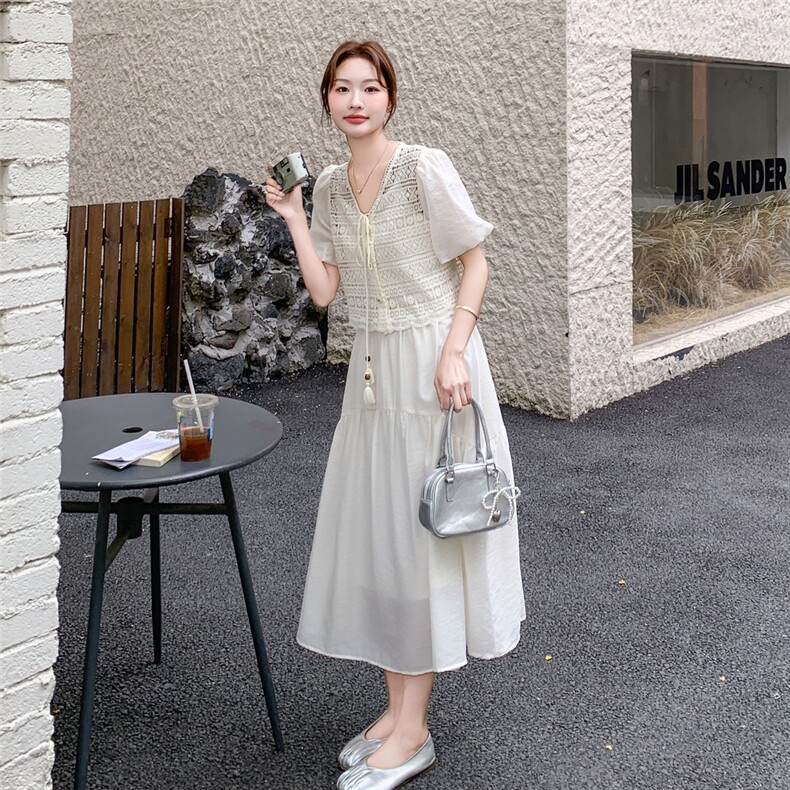 2025年夏季新款气质显瘦吊带连衣裙两件套套裙女镂空上衣女,女装套装/套裙,1D102-1