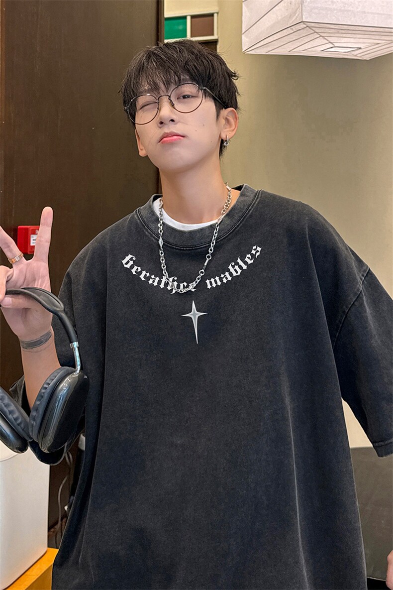 量大优供视频240g重磅美式炒雪花水洗做旧短袖t恤STX490-特P25,男装T恤,电商B371
