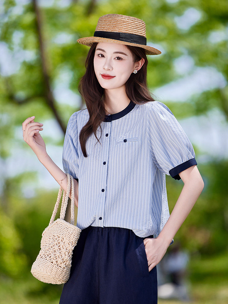 棉麻女夏季2025新款大方得体穿搭一整套短袖衬衫休闲裤,女装衬衫,靓衣阁