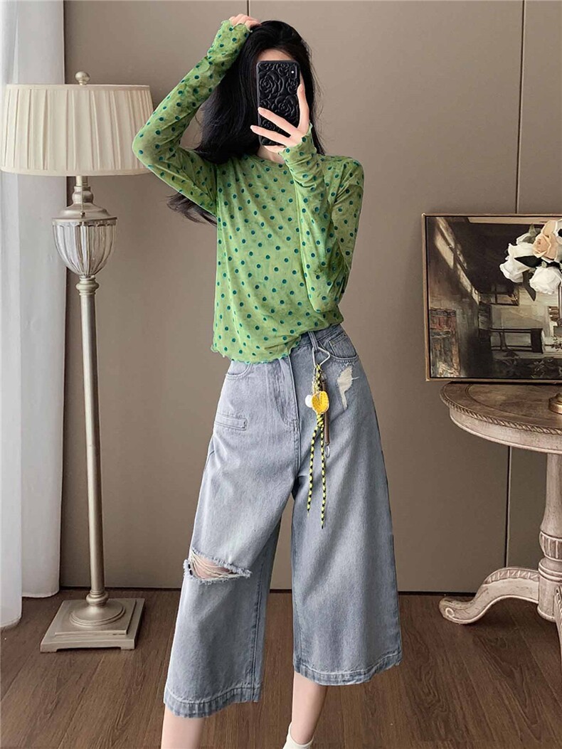 韩系减龄时尚套装女夏季新款绿色波点网纱上衣破洞牛仔中裤两件套,女装套装/套裙,江南