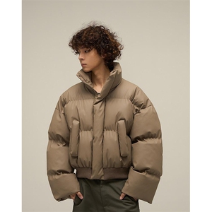 现货5W件冬季三防重磅硬挺boxy短款羽绒立领PU皮棉衣外套加厚棉服图片