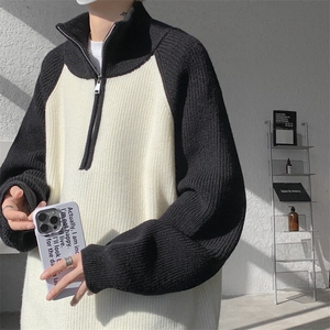 8XL-M撞色半拉链毛衣宽松慵懒风插肩袖大码针织衫外套MY1513/P75图片