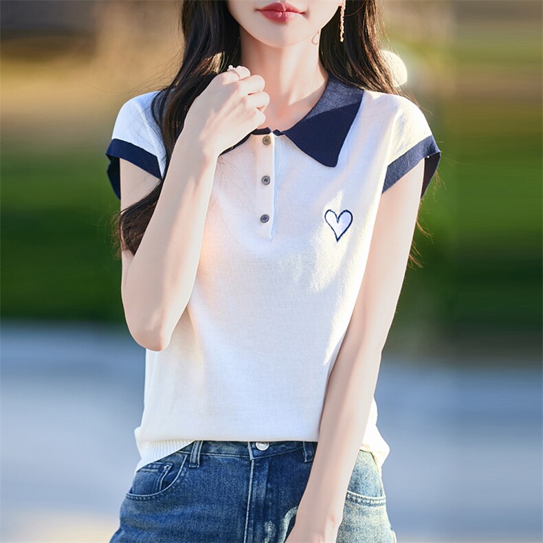2025夏季翻领冰丝短袖T恤女时尚刺绣拼色薄款POLO领飞袖百搭上衣,女装T恤,思牵羊绒