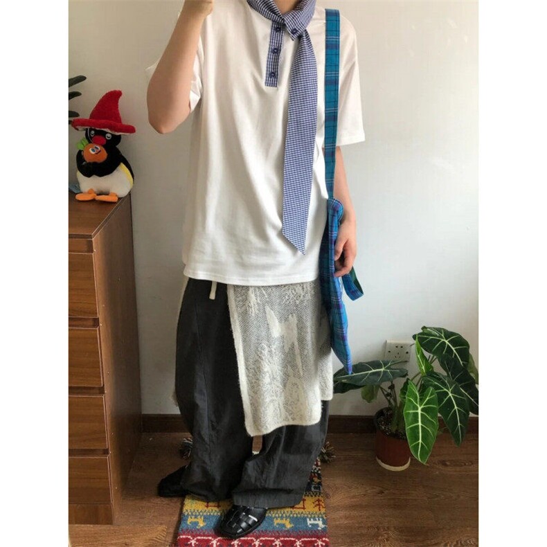 DXY247LL-P44美式领口拼接格子领带短袖t恤高级感痞帅半袖,男装T恤,星座1007（原301D）