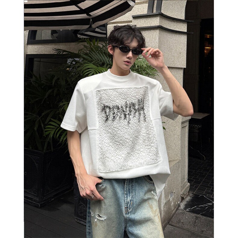 25设计感手工网格喷绘男士拼接垫肩短袖T恤dx197-p78,男装T恤,电商B288