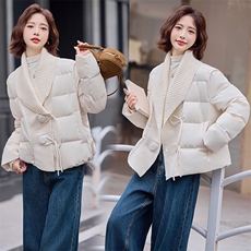 现货设计感针织毛线领拼接羽绒服女短款2024冬季新款加厚保暖外套，女装羽绒服，仟媚宠
