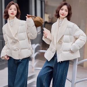 现货设计感针织毛线领拼接羽绒服女短款2024冬季新款加厚保暖外套图片