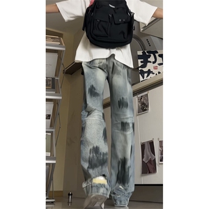 现货~美式复古水洗破坏牛仔裤高街直筒染脏裤子 XZ1002-K7739-P60图片