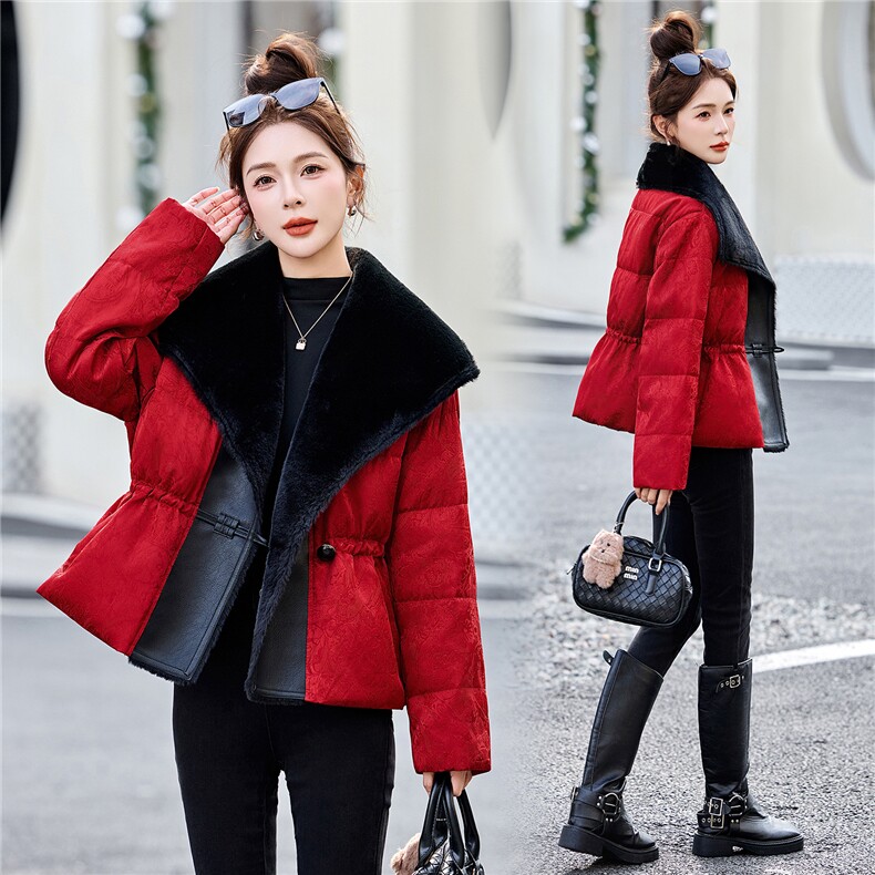 新中式G风羽绒服女2025冬季新款毛毛领拼接提花保暖白鸭绒外套，女装羽绒服，流量+