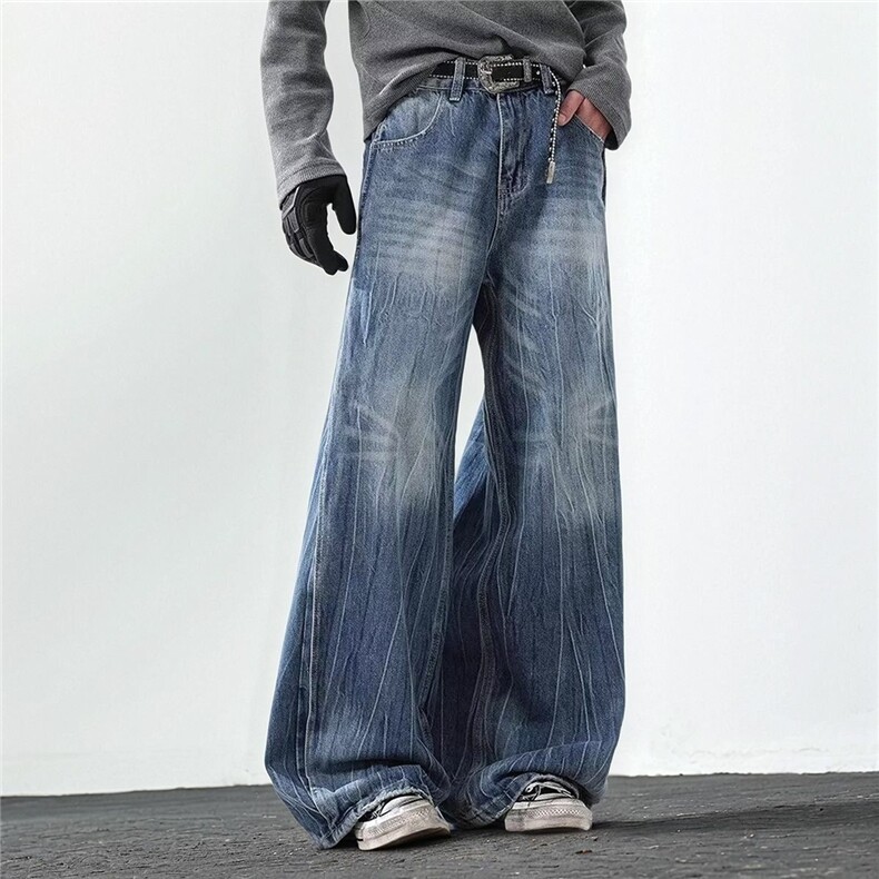 美式水洗怀旧阔腿牛仔裤男女春秋新款高街潮牌2025直筒宽松休闲裤，男装牛仔裤，电商A306-2