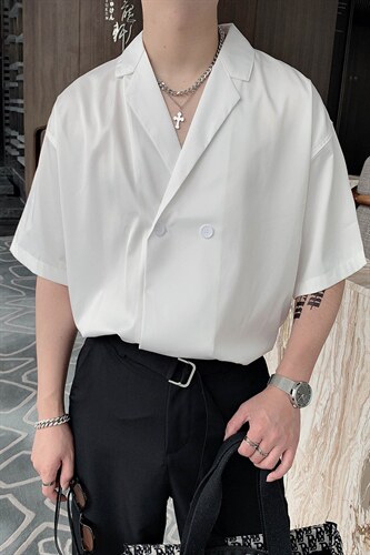 夏季男装高级感小众设计垂感禁欲系西装领短袖衬衫男潮 CS299-P58图片