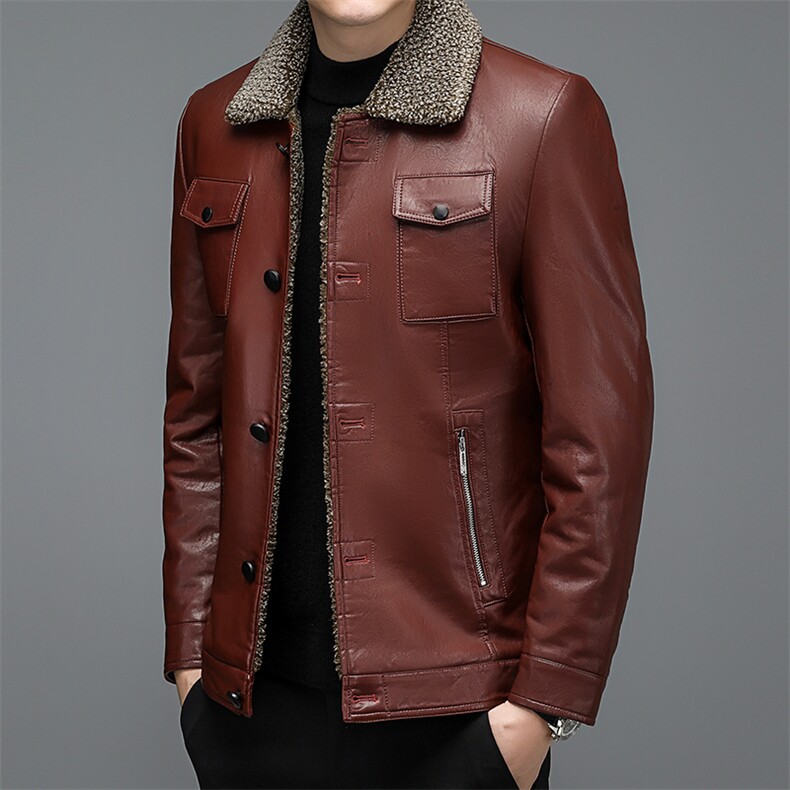 男士2023秋冬季皮衣商务休闲纯色上衣中年新款宽松免烫外套男装，男装皮衣，电商B212（原钱塘6029）