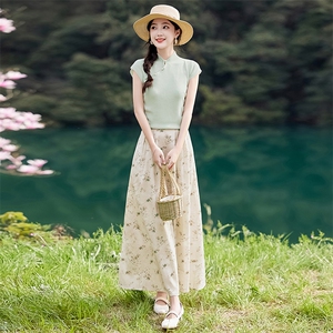 法式雪纺绿色碎花半身裙女2025夏季新款显瘦宽松高腰薄裙子图片