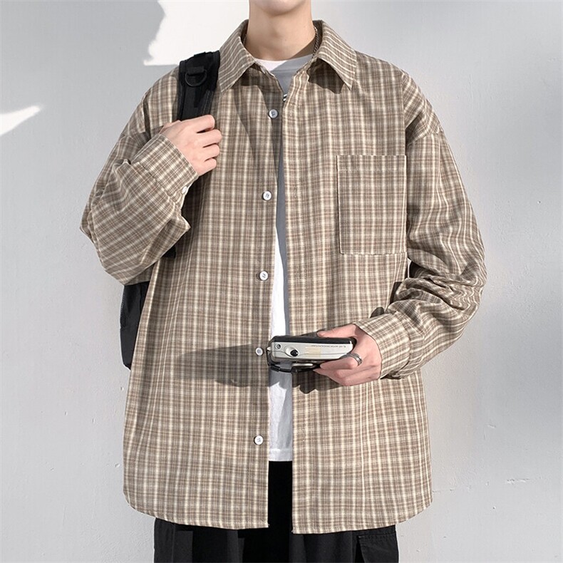 特批P32无差价2025春港风格子长袖衬衫男女中性时尚翻领衬衣C5452,男装衬衫,电商A001-1