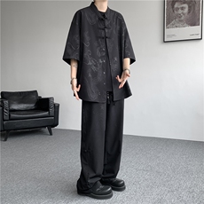 风男装中式盘扣冰丝套装立领短袖衬衫唐装两件套TZ1702特批80，男装衬衫，电商B238