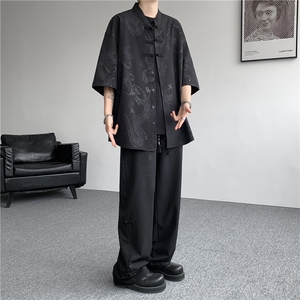 风男装中式盘扣冰丝套装立领短袖衬衫唐装两件套TZ1702特批80