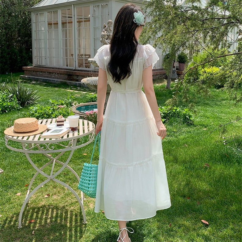连衣裙女马卡龙色粉蓝黄2025夏季新款冰丝雪纺高级感减龄裙子,女装连衣裙,玖莱伊
