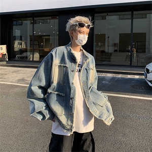 美式复古牛仔外套潮牌男士短款秋冬季毛边设计高级感痞帅休闲夹克图片