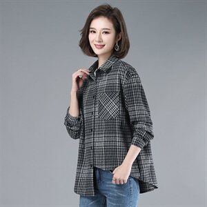 2021年春季直筒常规POLO领排多扣通勤格子衬衫女自主图图片