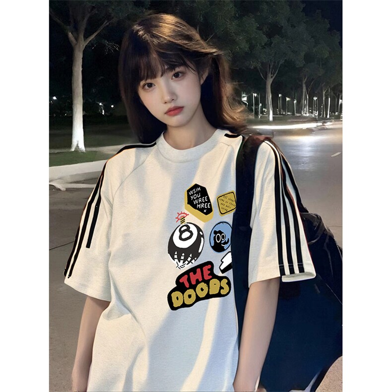 抖音得物高品质二开240克宽松纯棉美式潮牌三条杠织带短袖T恤图片