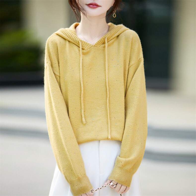 法式设计感点子纱针织连帽毛衣女2025秋冬新加厚保暖宽松打底帽衫，女装针织衫/毛衣，九嘉羊绒