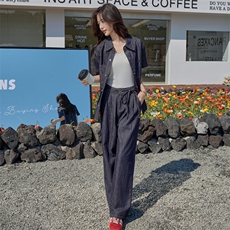 2025夏季牛仔套装宽松显瘦轻薄洋气短袖衬衫长裤两件套CL82530，女装套装/套裙，潮流依族