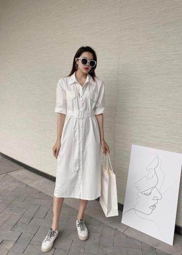 ［爱美欧］夏季新款带腰带长款衬衫连衣裙，女装衬衫，爱美欧