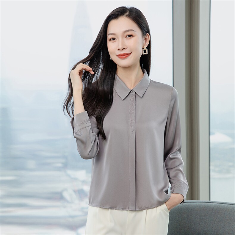 纯色绣花真丝衬衫女长袖宽松2026春季妈妈纯色衬衣显瘦真丝上衣,女装衬衫,阿舍尔精品