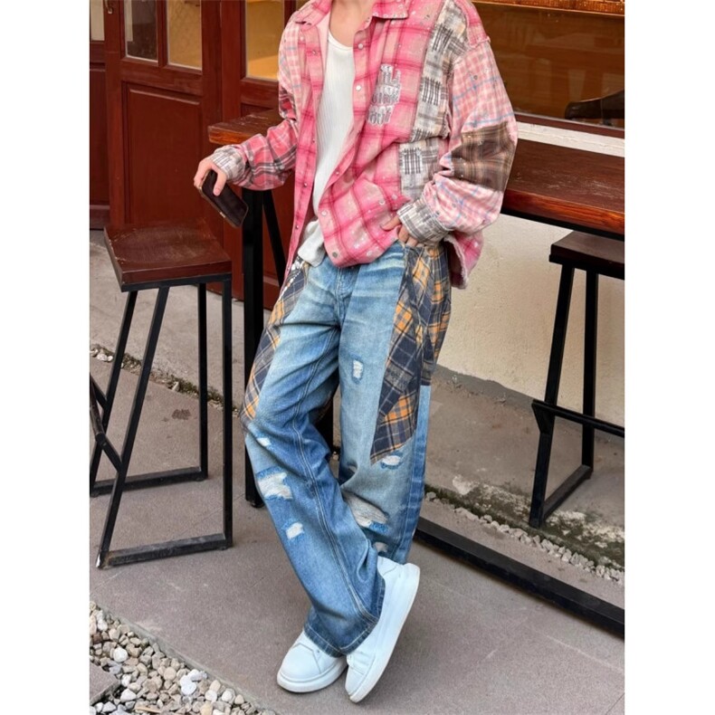 美式覆古3D打印设计款牛仔裤男直筒宽松显瘦春秋长裤潮流休闲百搭图片