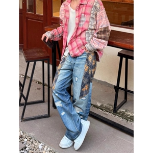 美式覆古3D打印设计款牛仔裤男直筒宽松显瘦春秋长裤潮流休闲百搭图片