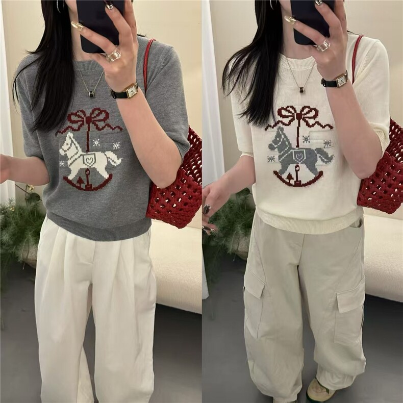 2026年春季女士休闲风圆领提花针织短袖羊毛混纺,女装T恤,臻纶羊绒