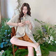 小众不撞款穿搭女2025夏新款刺绣格纹网纱拼接衬衫阔腿裙裤两件套，女装套装/套裙，2C176