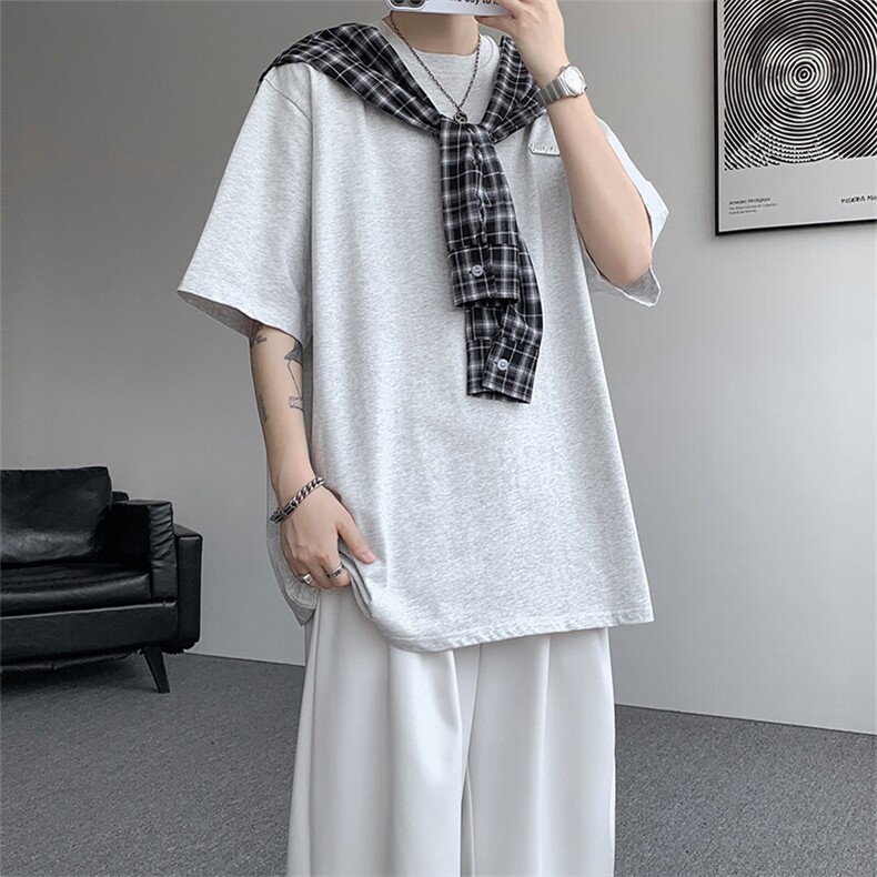 8XL-M潮情侣美式拼接打结格子假两件短袖宽松纯棉T恤男DX338,男装T恤,电商D206-1