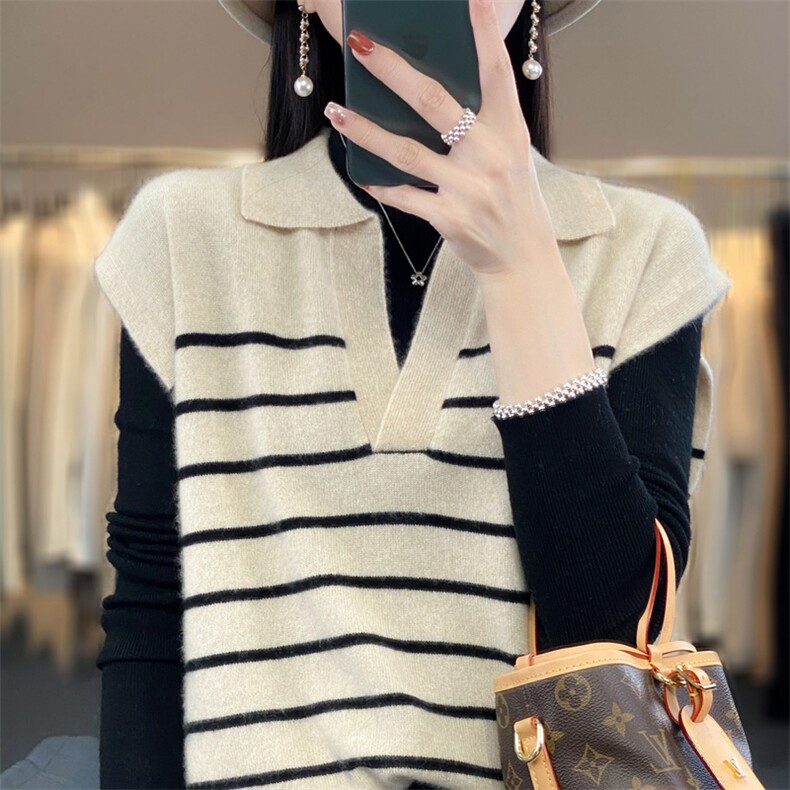 时尚条纹毛衣女V领无袖针织衫修身显瘦百搭气质外套,女装马甲,琳华羊绒