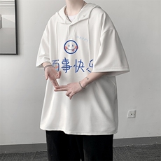 LD54183-P45连帽短袖t恤男大码胖子带帽五分袖中袖大皂风，男装T恤，电商A040