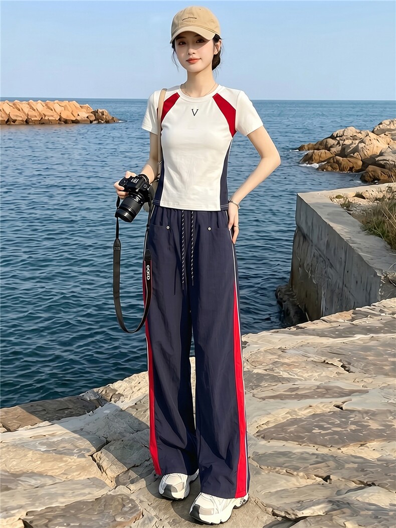 潮流时尚休闲运动套装女夏季新款显瘦竖纹圆领短袖上衣长裤两件套,女装套装/套裙,江南