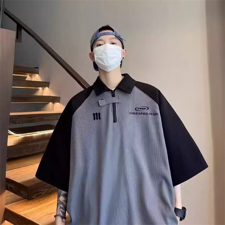 美式半拉链polo衫男生短袖夏季翻领T恤高街潮流休闲衣服,男装T恤,星座506A