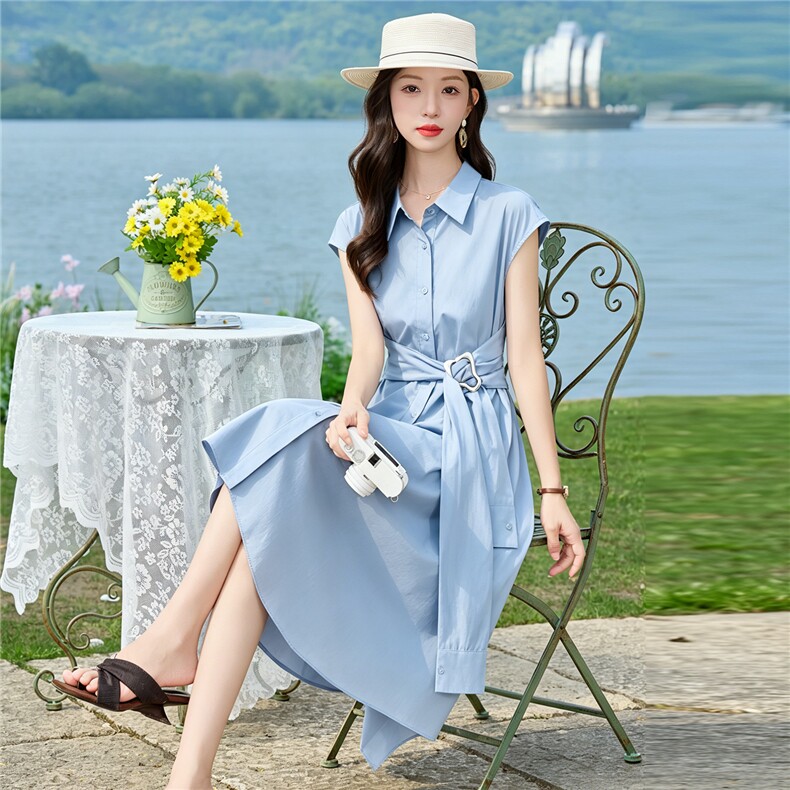 2026夏装新款简约时尚休闲不规则裙摆显瘦修身连衣裙,女装连衣裙,美沁